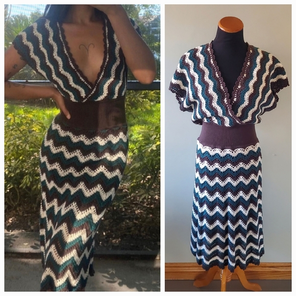 NWT BCBGMaxAzria M Y2K Bohemian Woodstock Festival Chevron Crochet Midi Dress - Picture 1 of 16